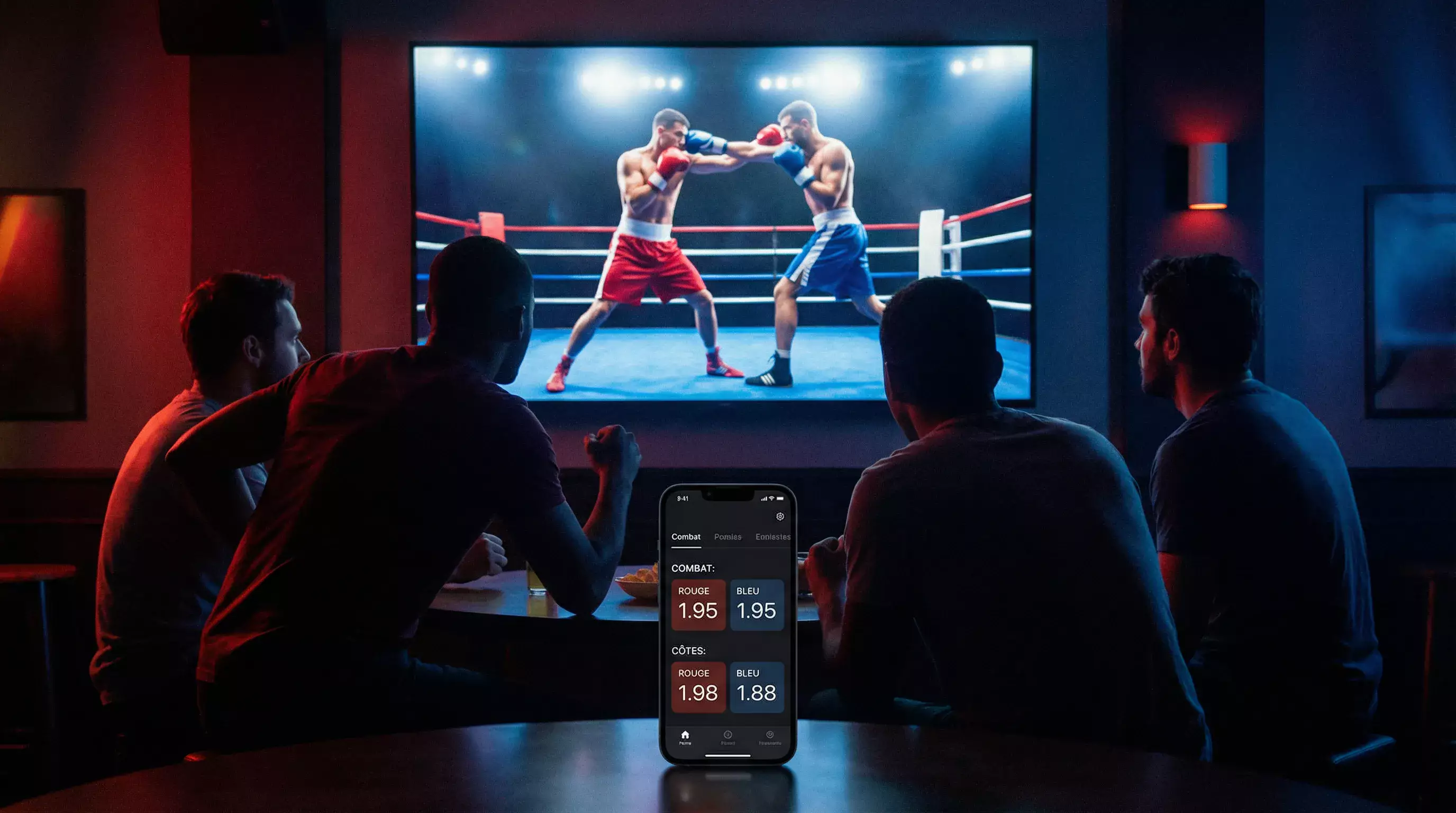 Spectateurs regardant un combat de boxe en direct dans une salle avec écrans de cotes