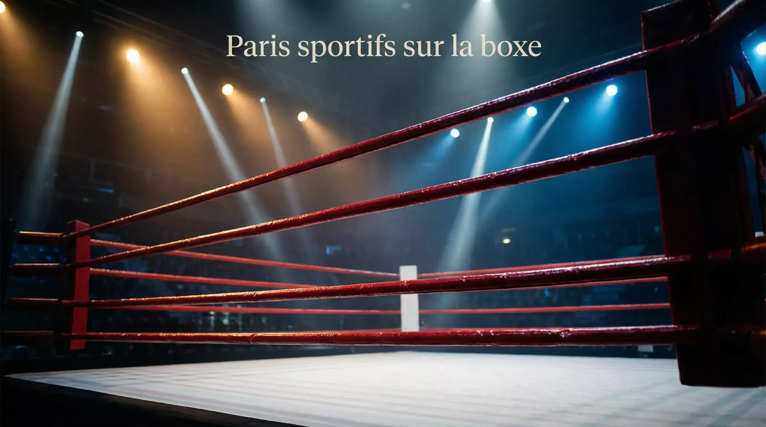 Ring de boxe professionnel sous les projecteurs avant un combat de paris sportifs
